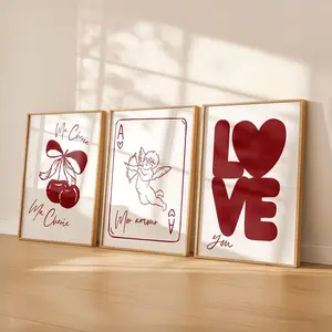 Red Love Wall Art Set of 3, Romantic Typography Prints, Valentine’s Gallery Wall, Modern Bedroom Decor for Women