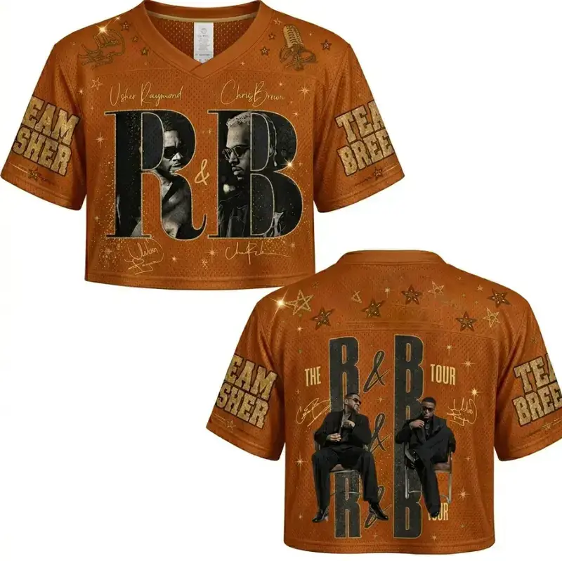RnB Music Tour Orange Mesh V-Neck Crop Top, Gold Glitter Graphic Short Sleeve Football Shirt, Hip Hop Concert Outfits Streetwear Women