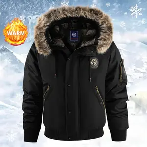 Beautiful Halloween Gift Men's Winter New Korean Style Hooded Jacket, Faux Fur Collar, Casual Fashion Coat, Solid Color Regular Fit with Zipper Details, Cold Weather Jacket, Seasonal Apparel, Modern Casualwear Windproof Outerwear Black