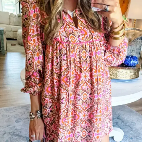 Women's Floral Print Woven Long Sleeve Mini Dress with Neck Tie, Casual Boho Bohemian Chic Dress for Spring and Summer, Fashionable Ladies Wear, Casual Loose Dress, Boho Summer Dresses