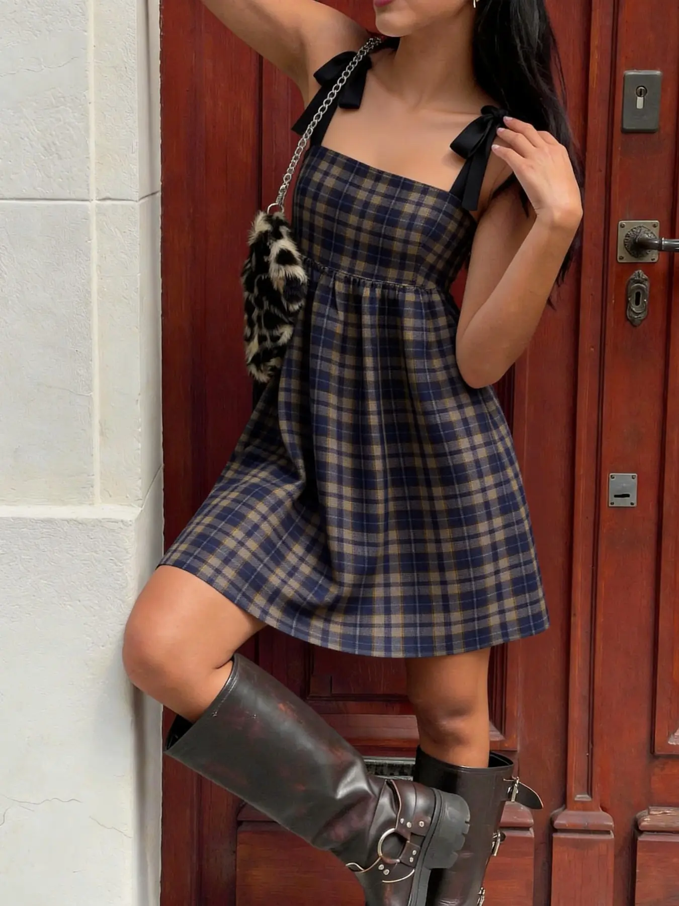Women's Fashion Sweet British Plaid Bow Tie Dress, Bow Tie Detail, Spring Summer New Cute Doll Dress, Womenswear, Short Strapless Skirt, Slim-Fitting, Sleeveless, Lightweight, Everyday, Casual Wear