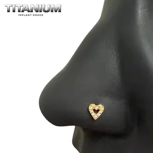 Titanium Tiny Diamond Heart Nose Stud Gold 20G Hypoallergenic Corkscrew Nose Ring Jewelry