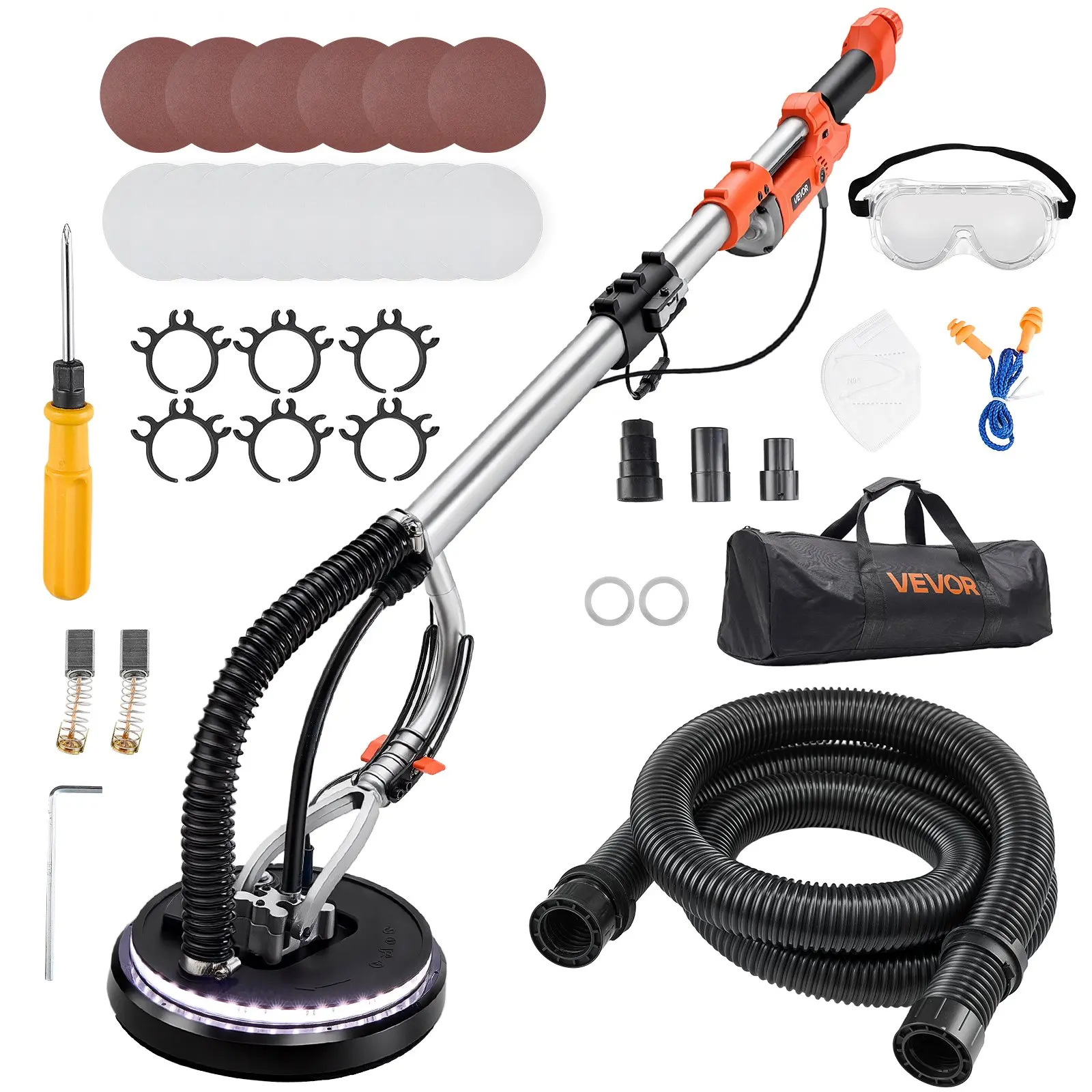 【DealsForYouDays】VEVOR Heavy Duty Electric Drywall Sander, 1010W Power Tool for Popcorn Ceiling Removal, 7 Variable Speeds (1000-2200 RPM), Double-Deck LED Light, Foldable Extendable Handle, 15 Sanding Discs, Dust Hose Portable Orbital Polisher Tool Box,,