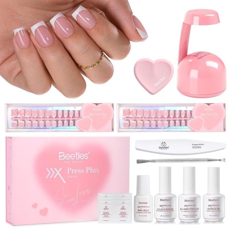 Beetles Valentine X Press Plus French Press On Nails Tips Kit, French Tip Pink Short Square Shape Natural Acrylic Nail Tips for Effortless Beauty & DIY Manicures - Frenchtipnails Spring Nail Valentine Gift Flower