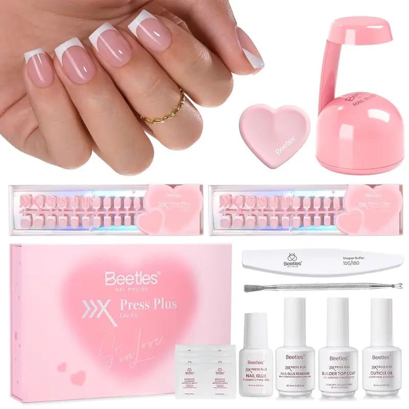 Beetles Valentine X Press Plus French Press On Nails Tips Kit, French Tip Pink Short Square Shape Natural Acrylic Nail Tips for Effortless Beauty & DIY Manicures - Frenchtipnails Spring Nail Valentine Gift Flower