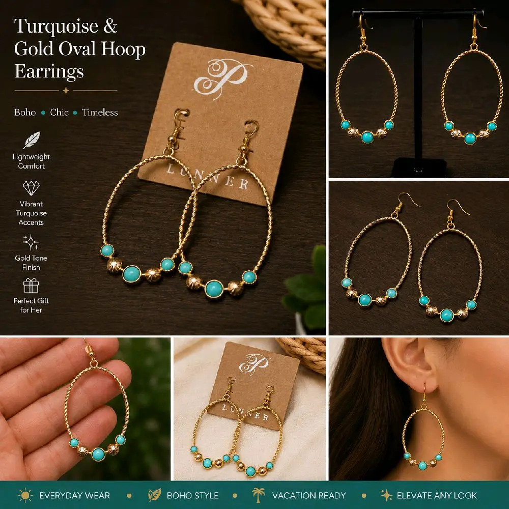 Turquoise and Gold-Tone Oval Hoop Earrings