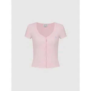 URBAN REVIVO Women's 2026 Viscose-Cotton Short-Sleeve Top, Button-Detail Skinny-Fit Casual Blouse with Breathable Fabric