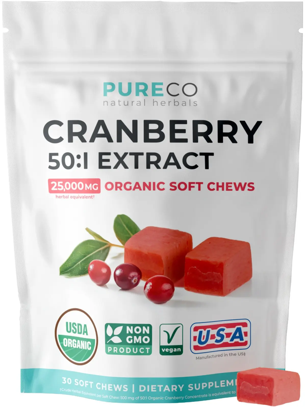 PureCo Certified Organic Cranberry Chews - Super 50X Potency Organic Cranberry Supplement for Women to Support Urinary Tract & Bladder Health - Vegan Non-GMO & North American Sourced (30 & 60 Soft Chews)
