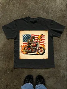 Vintage Skeleton Biker Motorcycle Graphic T Shirt Men Women Retro American Flag Fire Lightning Oversized Cotton Crewneck Streetwear Tee