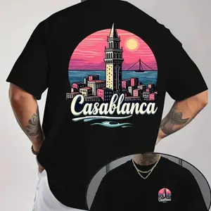 Casablanca Vintage Urban Illustration T-Shirt |   Men’s Casual Streetwear Summer Tee