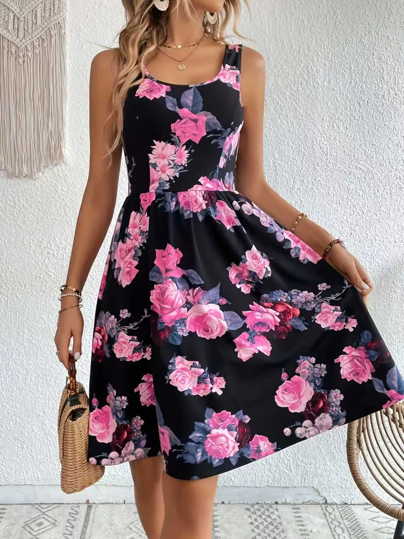Women's Casual Bohemian Boho Sleeveless Floral Printed Summer Fitted Dress, Casual Boho Style, Casual Boho Sundress, Perfect for Outdoors & Gatherings, Stylish Design for Everyday Wear, Comfortable Fit