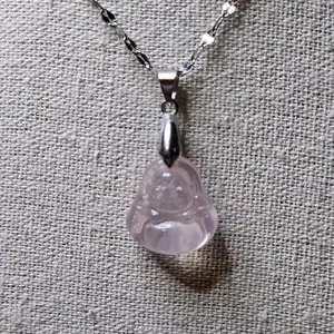 Happy Smiling Buddha Star Flash Rose Quartz Pendant with 22" Stainless Steel Chain