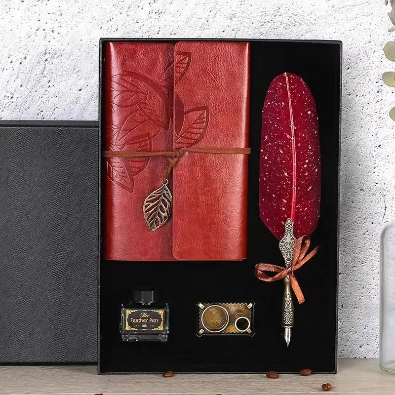 Creative Feather Design Pen Set, 1 Set Vintage Style Feather Design Pen & Note Book Set, Gift for Family & Friends & Teacher