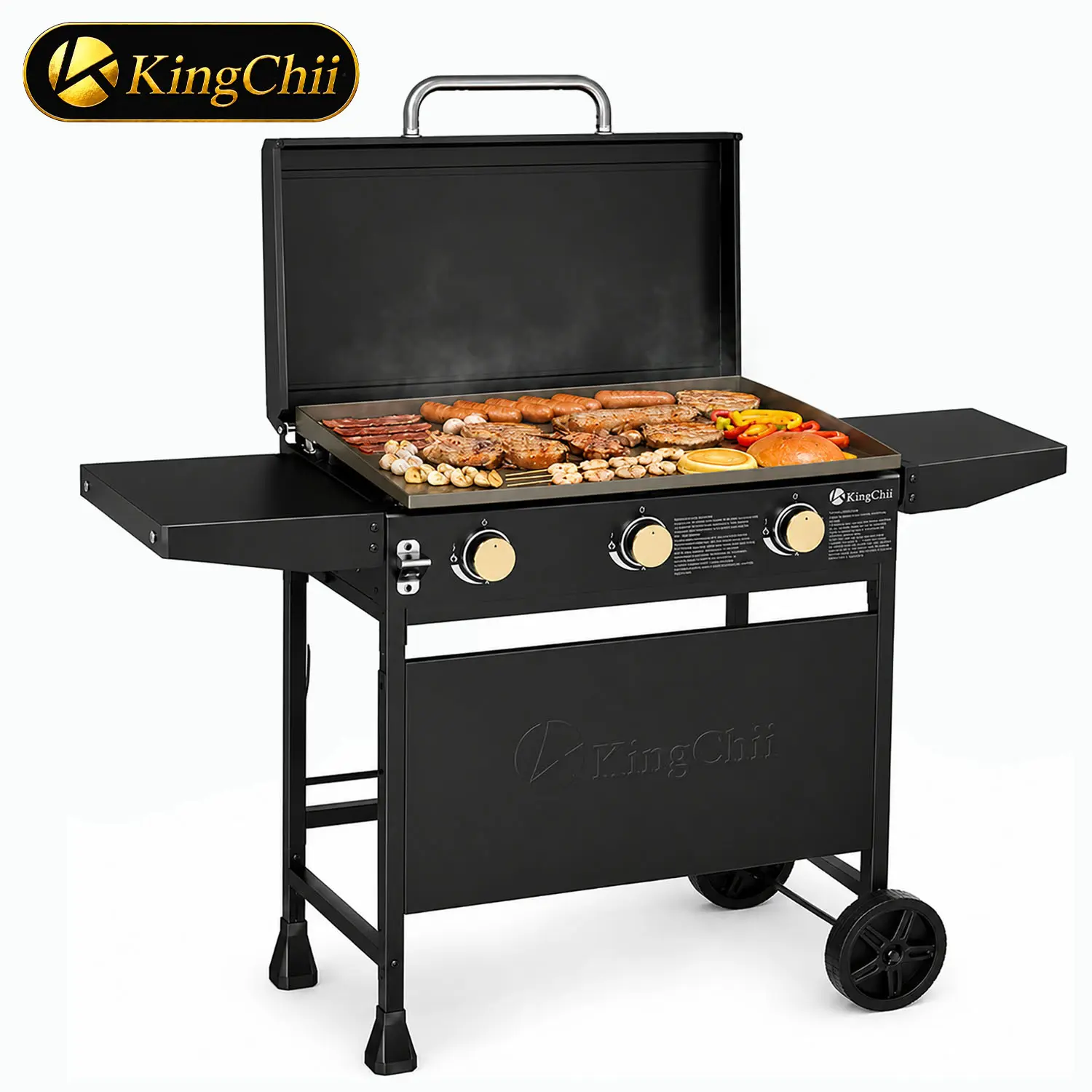 KINGCHII Gas Griddle & Flat Top BBQ, 3-Burner Outdoor Cooking Station for Backyard & Patio, Counter Height Shelves