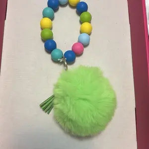 Summer Puffball Keychains Colorful Beaded with Bright Green Fur Pom Pom Attachment for Fun and Vibrant Style Keychain