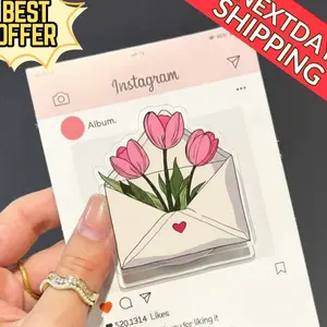 Magnetic Phone Grip Tulip Flower Magnetic Phone Grip – Cute Envelope Design with Pink Tulips, Floral Magsafe Phone Holder, Aesthetic Phone Accessory