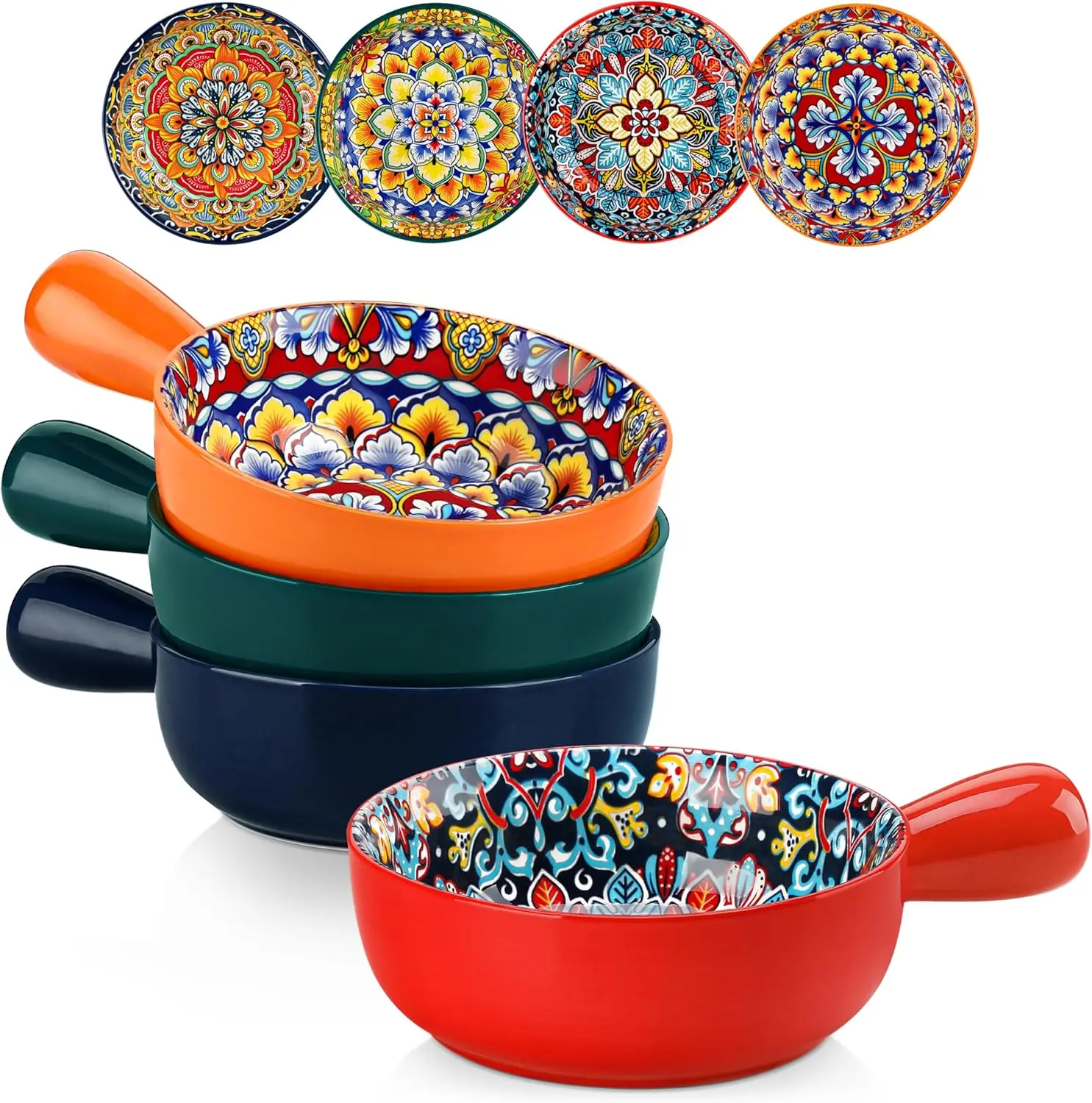 Vancasso Soup Bowls with Handles, 23 Oz French Onion Soup Bowls Oven Safe, Bohemian Ceramic Soup Crocks for Cereal, Pasta, Beef Stew, Chilli, Microwave Dishwasher Safe-6.2 Inch, Set of 4 vancasso