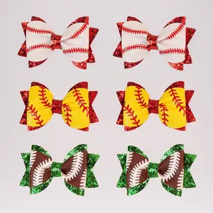 6 Pack Girls Sports Hair Bows Glitter Faux Leather Hair Clips Baseball Football Softball Game Day Cheer Hair Accessories for Toddler Kids Teens Baby Girls