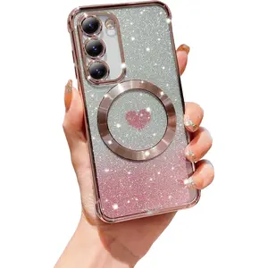For Samsung Galaxy S24 Phone Case,Compatible with Magsafe,Magnetic Plating Glitter Gradient Cute Heart Clear Case,Camera Protection for Samsung Galaxy S24 6.2 Inch,Pink