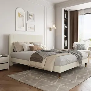 Queen Size Upholstered Platform Bed Frame Modern Fabric Headboard Sturdy Metal Frame and Wooden Slats for Double Support Non Slip Noise Free No Box Spring Needed Easy Assembly Beige Soft Sponge Heavy Duty