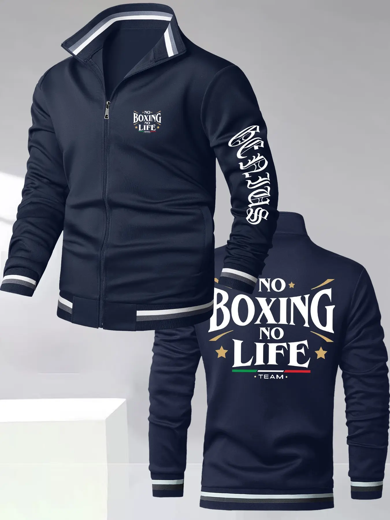 Men's Sports Jacket, Boxing Theme Print, Stand Collar Zipper Design, Casual Long Sleeve Outerwear, All Seasons, Geometric Pattern