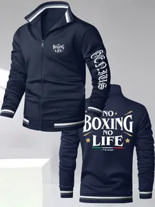 Men's Sports Jacket, Boxing Theme Print, Stand Collar Zipper Design, Casual Long Sleeve Outerwear, All Seasons, Geometric Pattern