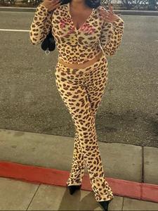 two-piece set women's leopard print zip up long sleeve jacket & high waist skinny pants, casual fashion cozy breathable longsleeves two piece outfits for daily outdoor wear, matching sets, ladies clothes for spring & fall, womenswear, go out sets