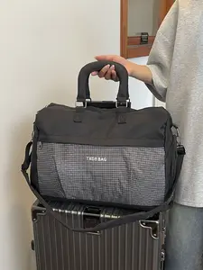 Lightweight Large Capacity Travel Bag, Letter Grid Design, Independent Shoe Compartment, Hangable Luggage, Couples' Style, Daily Use, Short Trip, Fitness