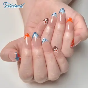 Retro Star Handmade Press-On Nails | Short Almond Shape, 10pcs | Spring Summer Trending Hand Painted Colorful Star French Tip DIY Nail Art Design | Y2K Aesthetic & Baddie Nails | High Gloss Mirror Finish | Reusable DIY Manicure Kit for Women Daily Wear