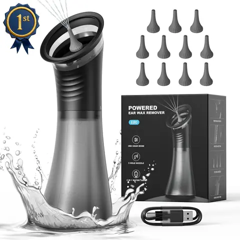 Gywwn Electric Ear Cleaning Kit for Adults - Rechargeable Earwax Removal Tool with 2-in-1 Built-in Waste Tank, 4 Pressure Settings, IP67 Waterproof Rating, 3 Nozzles, Back to School Beauty & Personal Care Item, Non-Medical