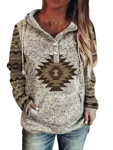Women's Fashion Western Ethnic Print Hooded Sweatshirt, Vintage Geometric Pattern Pullover with Button Front, All-Season Casual Long Sleeve Top, for Everyday& Formal Outfits