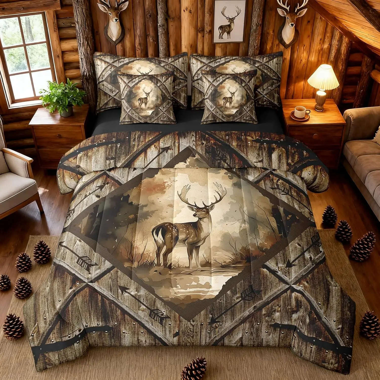 Watercolor Deer Comforter Set 7 Pcs Tribal Arrow Jungle Animal Trees Rustic Bedding Set Adults All Season (Comforter,Flat Sheet,Fitted Sheet,2 Pillowcases,2 Pillow Covers)