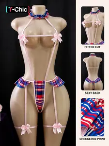 Women's Sexy Cute Milk Silk Checkered Halter Bodysuit with Bow Accents, Backless Design for All Seasons, Romantic and Alluring Nightwear Lingerie, Underwear Womenswear