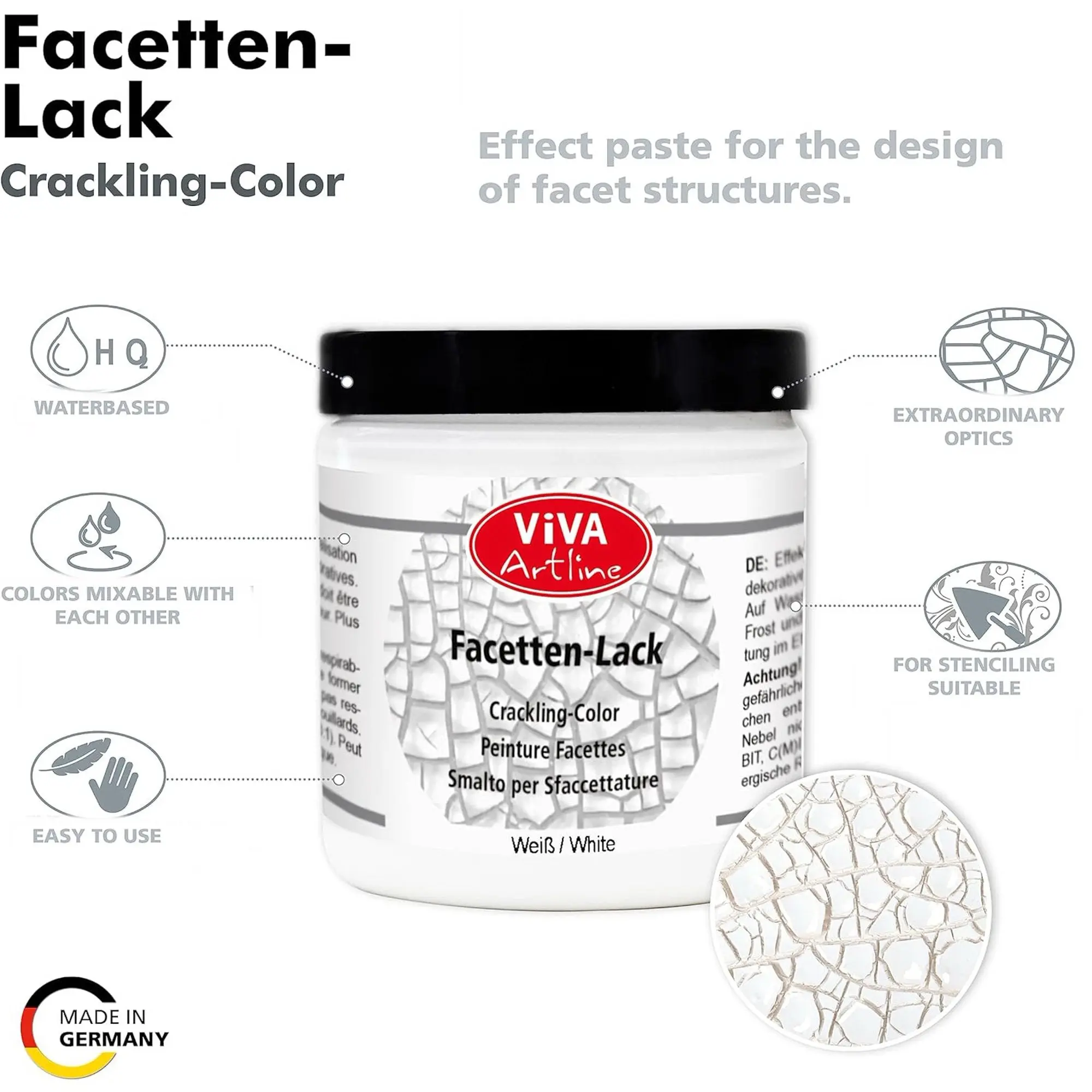 VIVA DECOR Facet Crackle Paint (8.45 fl oz/250ml) - Vintage Eco-Friendly Water-Based Transparent Bronze Paint, Creates Cracks via Crackle Technique, Compatible with DIY Projects, Glass & Ceramic
