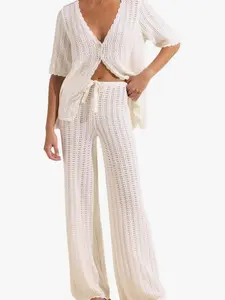 Summer Crochet Knit Cardigan Top & Long Pants Cover Up Set Beach Breathable