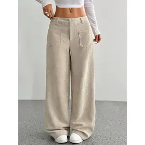 Corduroy Pants Women Baggy Tall Cord Wide Leg Trousers Elastic Waist Comfy Work Pants Soft Cozy Palazzo Teacher Pant
