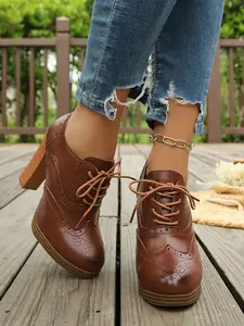 Vintage Patchwork Brogue Embossed Leather Shoes, Women's Closed Toe, Thick Sole, High Heel, Oxford Shoes, Office & Formal Wear, All Seasons
