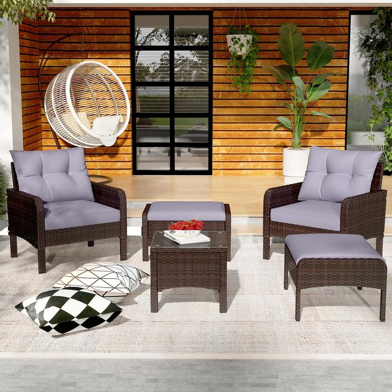 【2 Packages Shipping】5-Piece PE Rattan Patio Set – Wicker Chairs with Ottoman & Table, Perfect for Front Porch or Garden