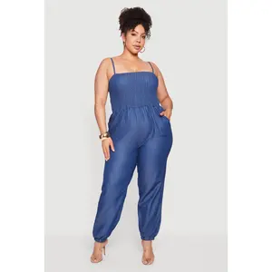 Plus Size Chambray Smocked Square Neck Jumpsuit