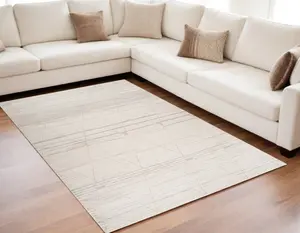 212 MAIN Indoor Rectangle Area Rug - 5x8 ft, Modern Abstract Print, Machine Weave Polyester Fiber, Cream & Beige, Stain-Proof Indoor Use Rug