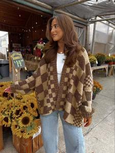 women's trendy checkerboard knit cardigan with lantern sleeves, retro loose fit outerwear for autumn and winter, stylish warm sweater