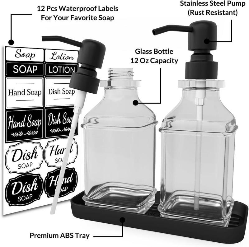 Soap Dispenser Set of 2, Antique Style Heavy Glass Soap Dispensers with Metal Tray, 304 Stainless Steel Black Pump (Rust Proof), 12Pcs Adhesive Labels for Kitchen Bathroom Bathroom Sink