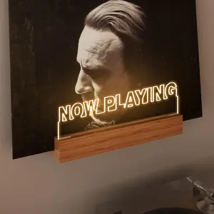 “Light Up” wall-mounted vinyl record stand (now playing), “Now Spinning” record player stand, wooden acrylic holder for displaying and storing vinyl albums with warm white lights