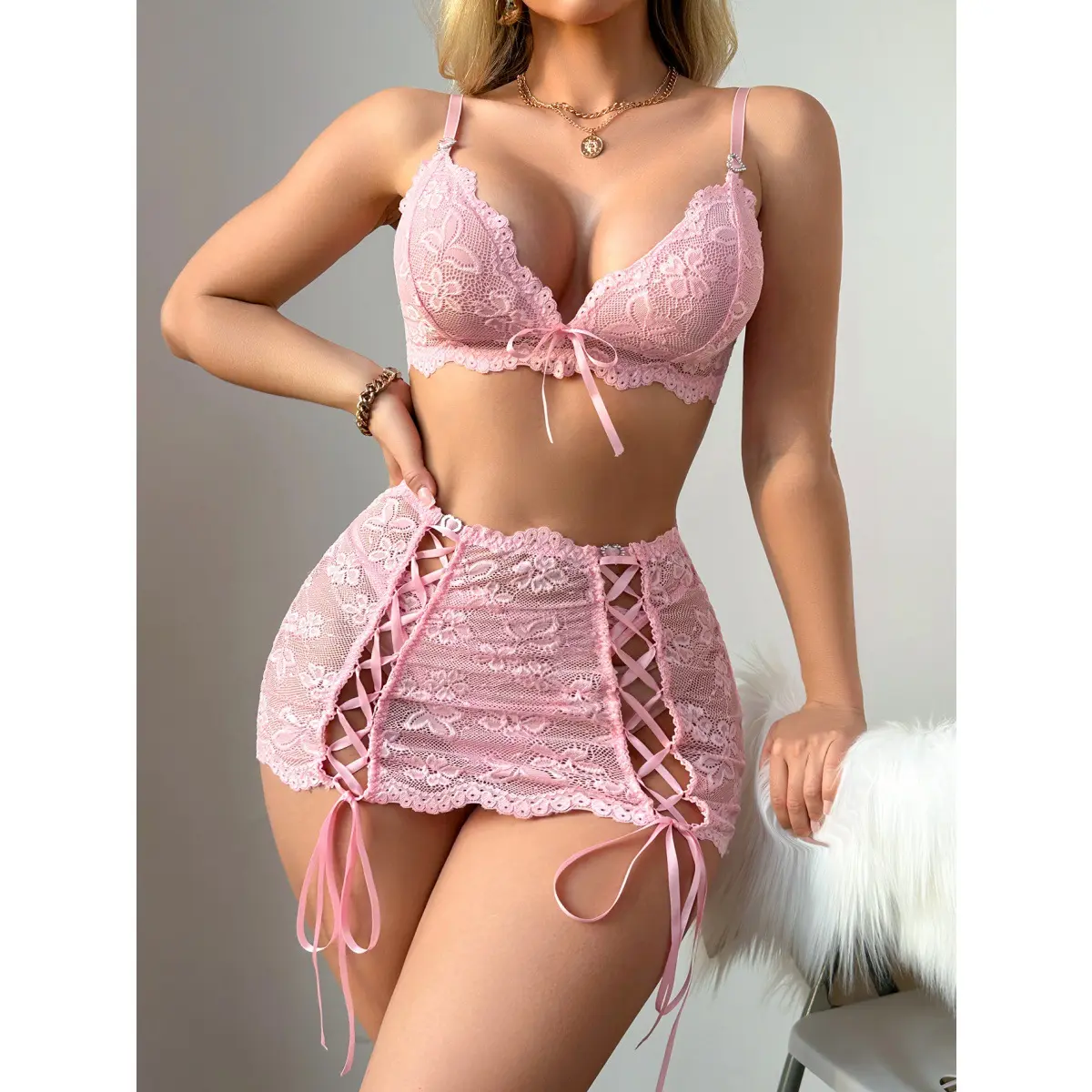 Women's 3-Piece Romantic Tie-Design Lingerie Set - Ladies' Semi-Sheer Floral Lace, Curve-Accentuating Bra with Crystal Shiny Straps, Ribbon-Accented Short Skirt, Thong, Bridal Wedding Underwear