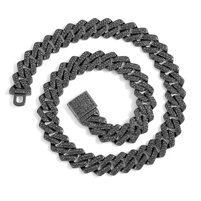 14MM Black Cuban Link Chain Necklace for Men, Hip Hop Jewellery with Bold Link Texture, 2-Row Rhinestone Iced-Out Paris Chain Glow, Classic Luxe-Finish Miami Rhombus Design, Cuban Link Chain Necklaces, Classic Cuban Link With Luxe Finish