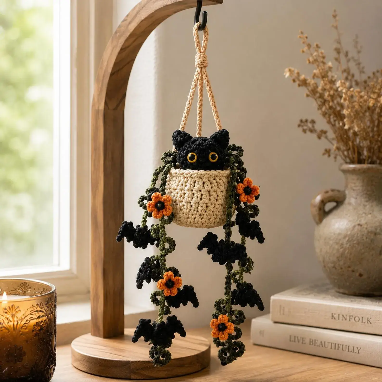 Handmade Crochet Black Cat Hanging Planter | Macrame Plant Hanger with Bat & Pumpkin Flowers | Cute Gothic Halloween Home Decor