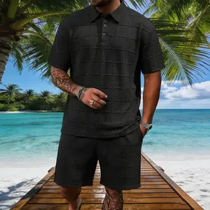 Ultra Soft Cozy Mens Clothing Set Comfortable Polo Shirt and Shorts with Minimal Check Design Versatile Two Piece Outfit for All Occasions