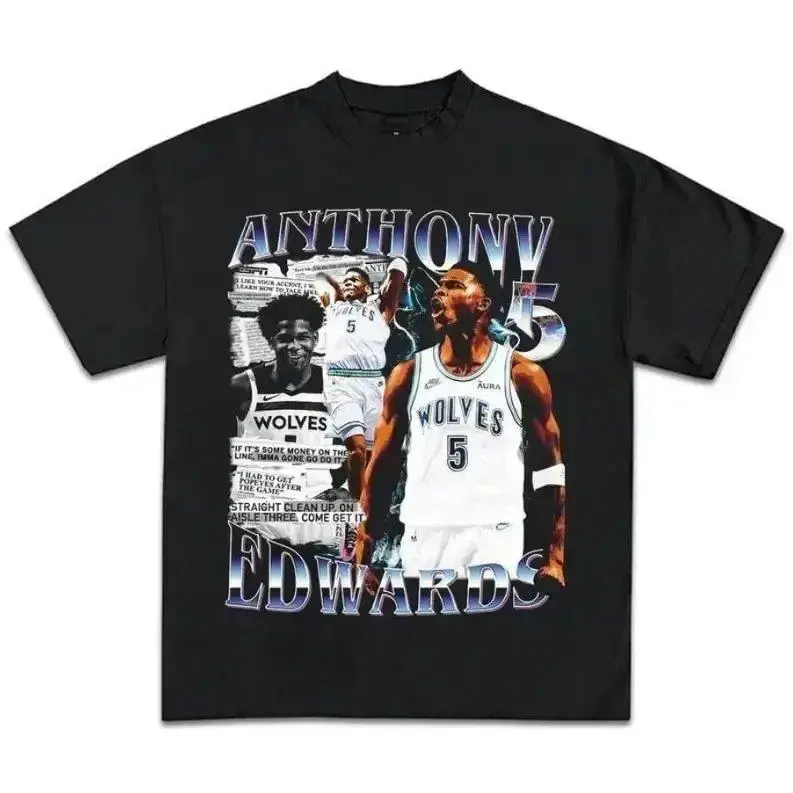 Men's Anthony Edwards Vintage Basketball Graphic T-Shirt - 90s Retro Sports Top, Soft Unisex Cotton Casual Streetwear Garment, Breathable Aesthetic Outdoor Tee, Ideal Gift for Basketball Fans, Garments, Tops, T Shirts, Cropped, Round Neck, Layer‑Ready Tee