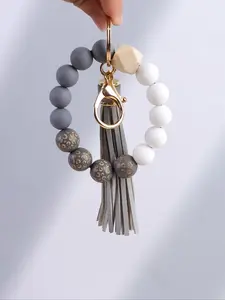 Boho Style PU Fabric Trendy Cute Keychain with Carved Beads, Handcrafted Bracelet Design, Perfect Gift for Friends & Mom, Stylish Accessory