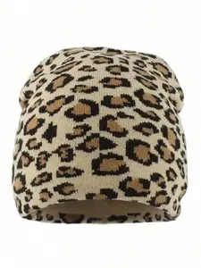 1PC/2PC  Boho Leopard Print Knit Hat, Vintage Streetwear Jacquard Beanie, Warm Fashion Unisex Cap for Fall & Winter, Stylish Cold Weather Headgear